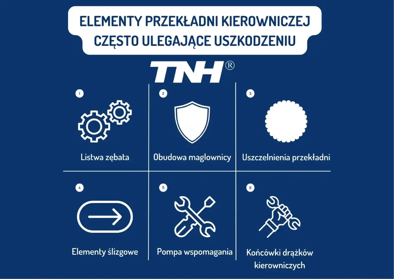 Grafika przedstawia ikony elementów układu kierowniczego: listwa zębata, obudowa, uszczelnienia, elementy ślizgowe, pompa wspomagania, końcówki drążków.