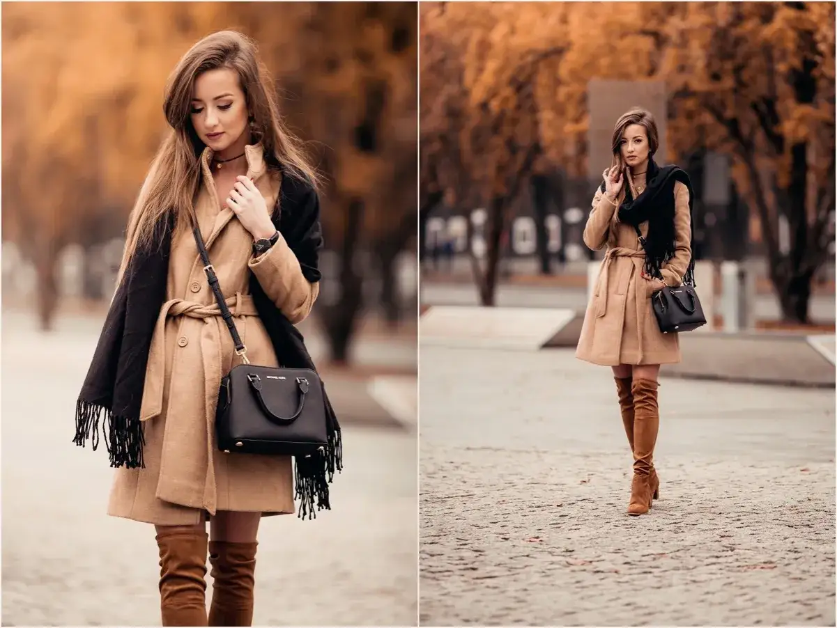 Karmelowe kozaki stylizacje: elegancki płaszcz, czarny szal i torebka tworzą jesienny look.