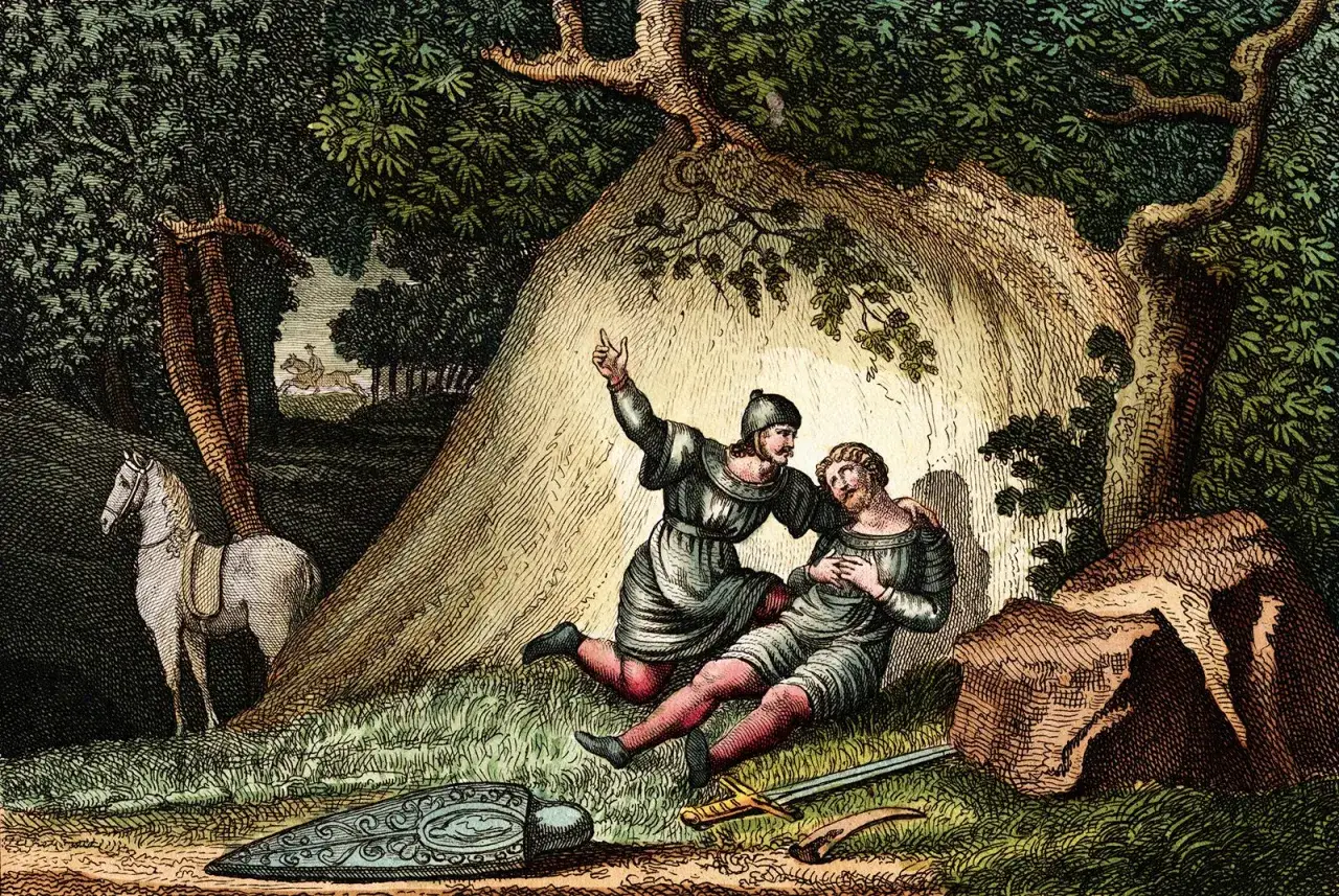 Rycerz pociesza rannego towarzysza. Scena nawiązuje do epoki "Pieśni o Rolandzie", z widocznym koniem i bronią.