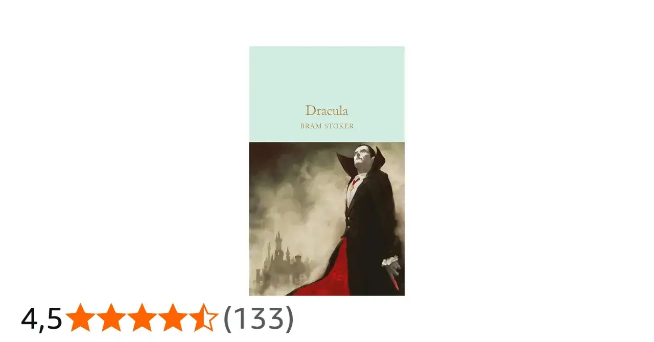 Ilustracja okładki książki "Dracula" Brama Stokera z wampirem i zamkiem w tle.