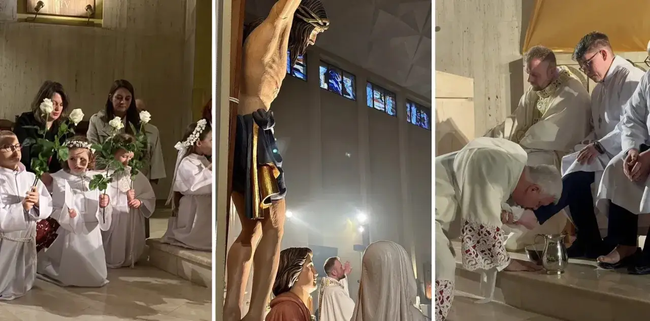 Dzieci z białymi różami i kapłani podczas liturgii Wielkiego Czwartku. Widok na krzyż i obrzęd umywania nóg.