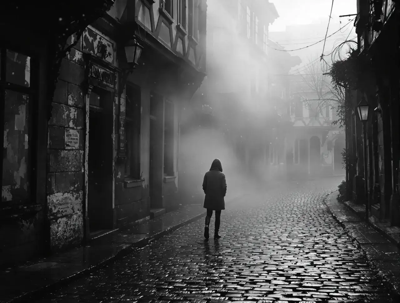 fotografia czarno biała. Postać w kapturze idzie brukowaną uliczką we mgle.