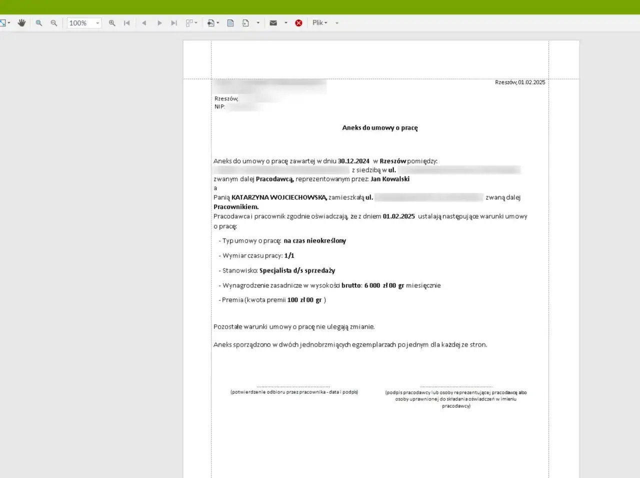 Aneks do umowy o pracę z dnia 01.02.2025 r. dla Pani Katarzyny Wojciechowskiej, ustalający warunki zatrudnienia na stanowisku specjalisty d/s sprzedaży.