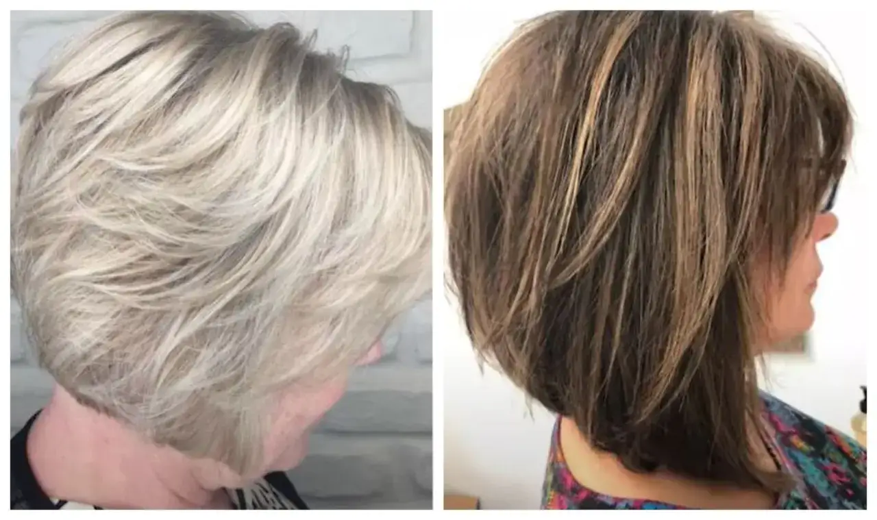 Dwie kobiety z fryzurami bob w odcieniach blond i brązu.