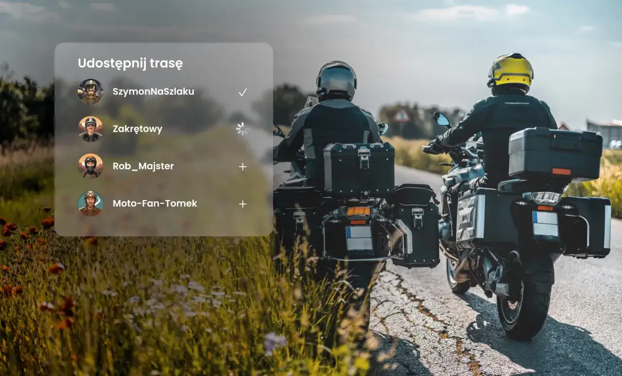 Aplikacja dla motocyklistów: udostępnij trasę znajomym. Widok z perspektywy kierowcy na drogę i innych motocyklistów.