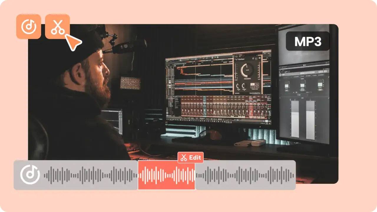 Mężczyzna w studiu nagraniowym, edytujący ścieżkę dźwiękową na komputerze.