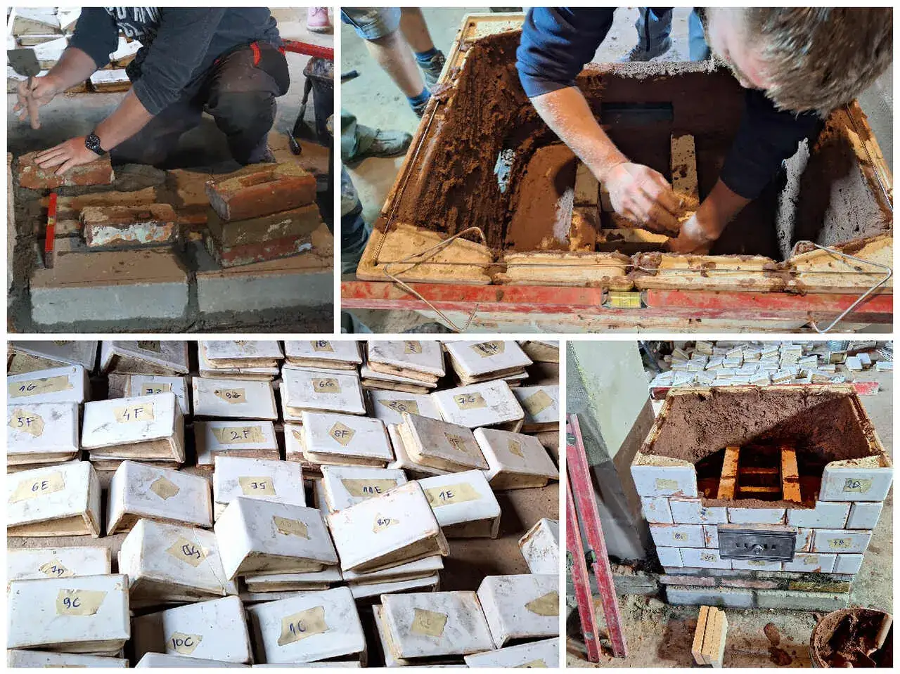 Budowa pieca kaflowego: układanie cegieł, formowanie wnętrza, stos kafli z oznaczeniami. Schemat budowy pieca kaflowego.