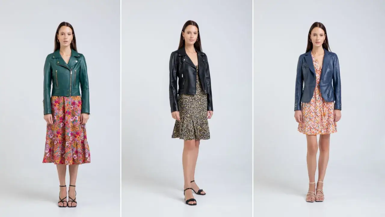 Trzy kobiety prezentują stylizacje z sukienkami i kurtkami. Zielona, czarna i granatowa kurtka do sukienki tworzą modne zestawy.