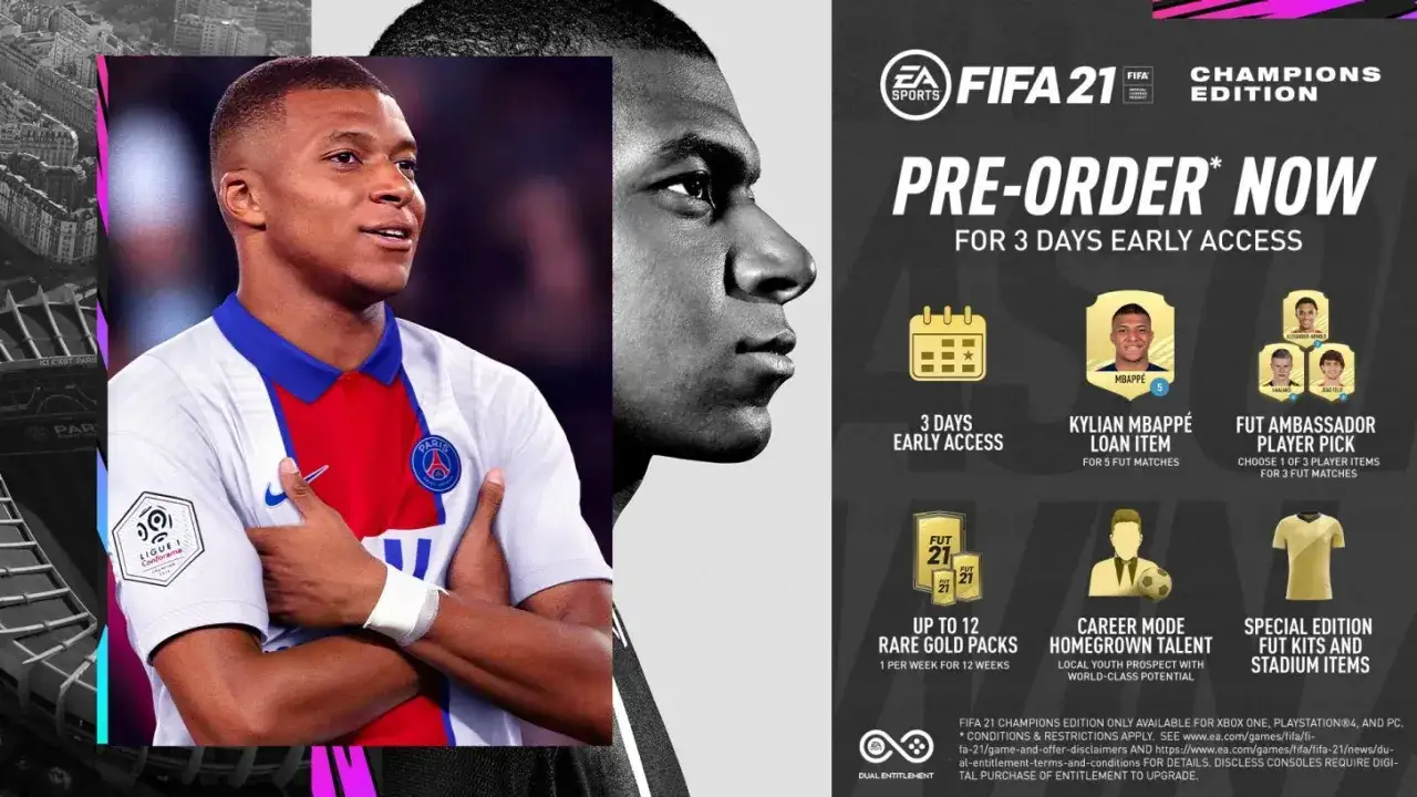 Kylian Mbappé w koszulce PSG na plakacie FIFA 21. Dowiedz się, ile kosztuje FIFA 21 i jakie bonusy oferuje edycja mistrzowska.