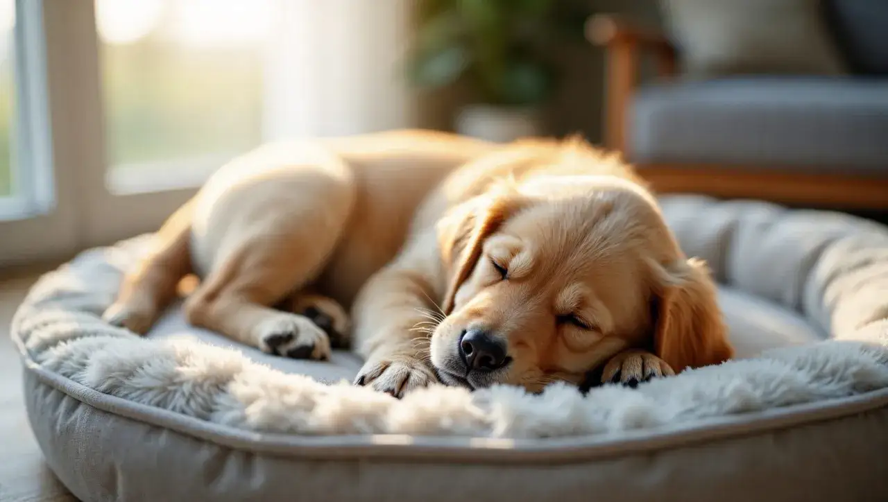 Słodki szczeniak golden retrievera śpi głęboko w swoim legowisku. Czy szczeniaki dużo śpią? Tak, ten maluch potwierdza!