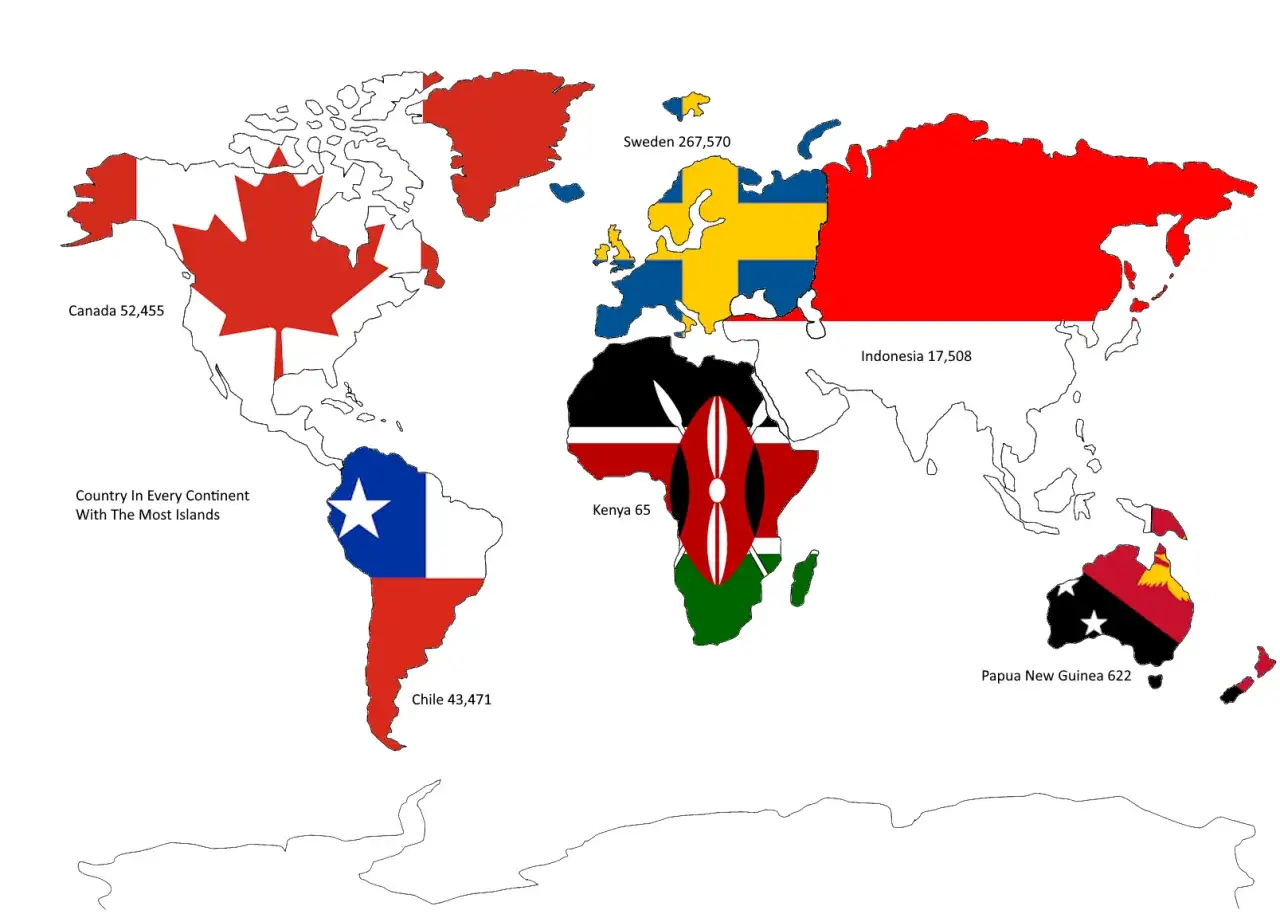 Mapa świata z flagami krajów, które mają najwięcej wysp: Kanada (52 455), Chile (43 471), Szwecja (267 570), Kenia (65), Indonezja (17 508), Papua Nowa Gwinea (622).