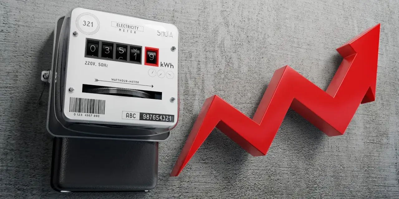Licznik energii elektrycznej i czerwona strzałka w górę symbolizują wzrost cen prądu.