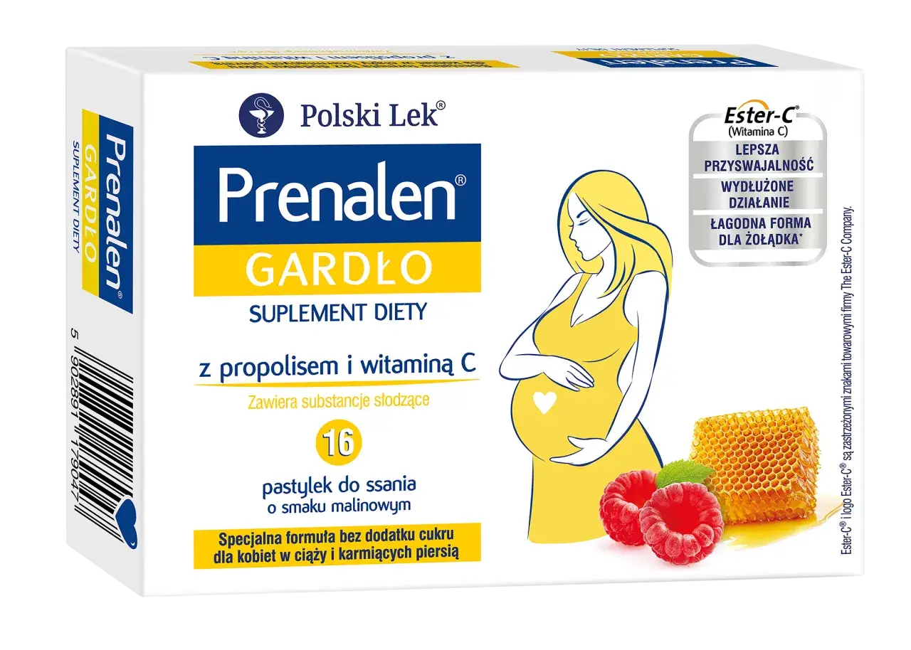 Opakowanie Prenalen Gardło z wizerunkiem kobiety w ciąży, malinami i plastrem miodu.