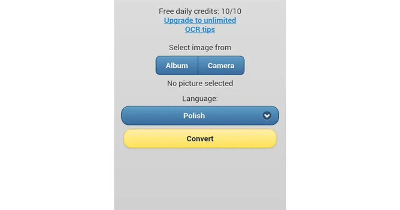Aplikacja która przepisuje tekst ze zdjęcia. Wybierz język polski i kliknij "Convert", aby przetworzyć obraz.