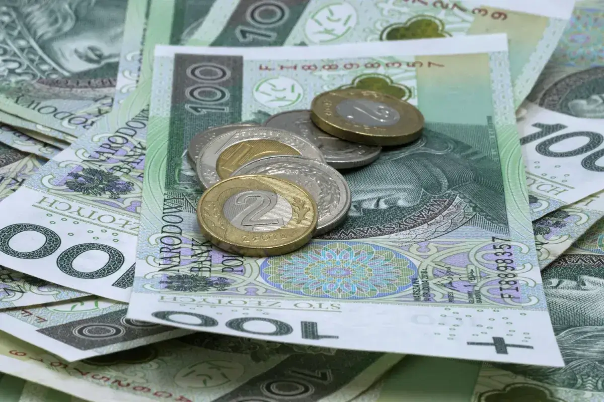 Stos polskich banknotów 100 zł i monet, w tym 2 zł.