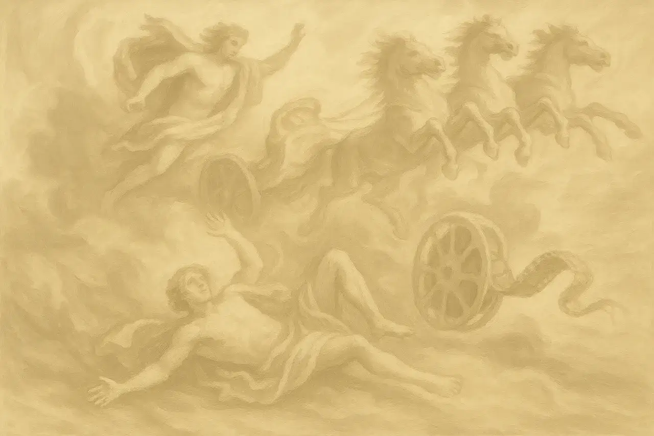 Postać w rydwanie pędzącym na koniach i upadający człowiek.