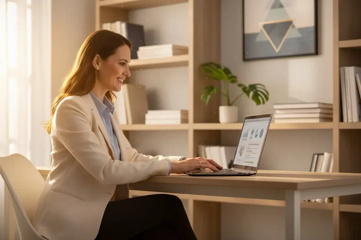 Uśmiechnięta kobieta pracuje przy laptopie, zastanawiając się, co z nauką zdalną. W tle regały z książkami i roślina.