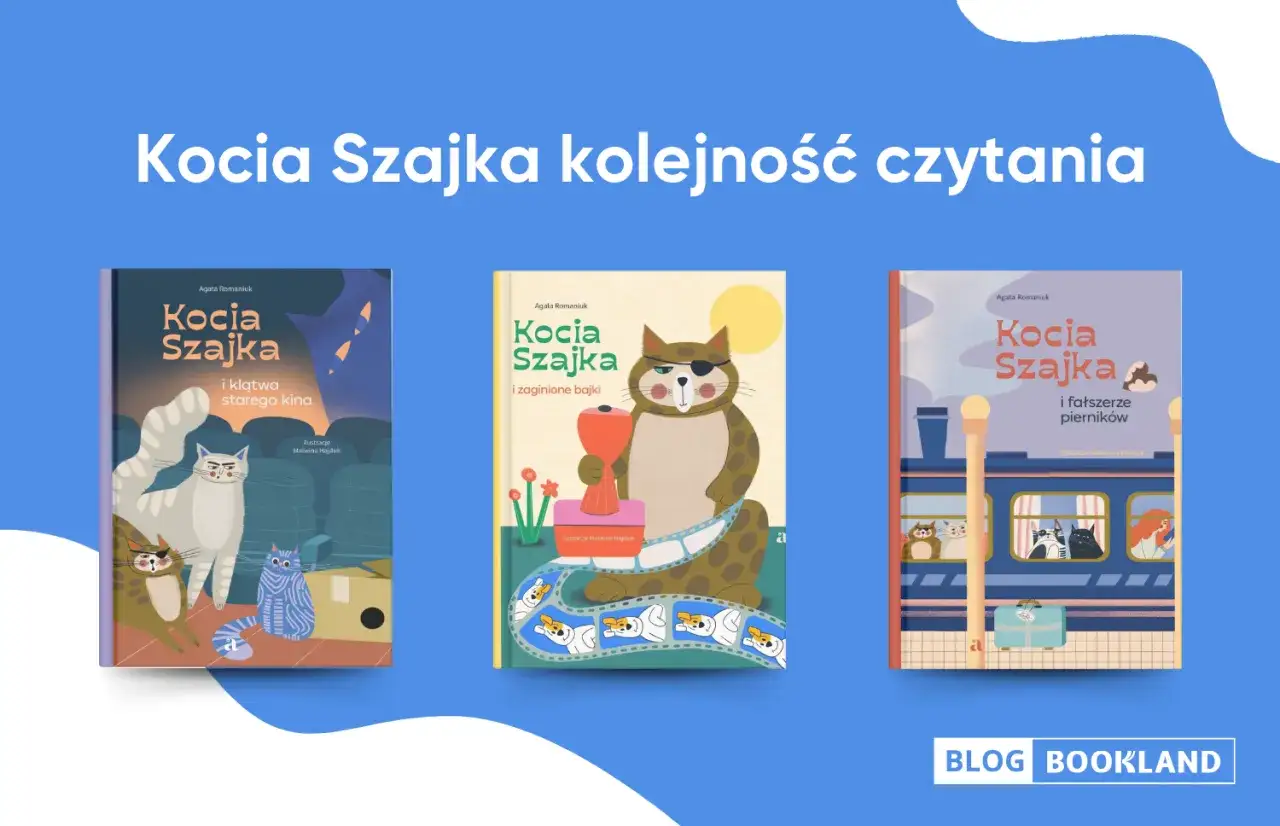 Kocia Szajka kolejność czytania: trzy okładki książek z kotami w roli głównej. Pierwsza to "Kocia Szajka i klątwa starego kina", druga "Kocia Szajka i zaginione bajki", a trzecia "Kocia Szajka i fałszerze pierników".