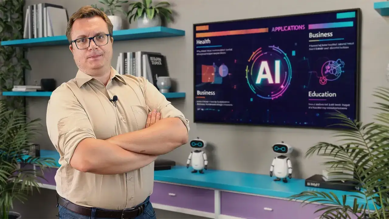 Mężczyzna z założonymi rękami obok ekranu z napisem AI. Dowiedz się, jak zacząć z AI nie mając wiedzy technicznej.