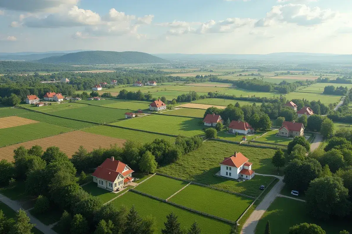 Malowniczy krajobraz z domami i polami. Zastanawiasz się, ile kosztuje działka budowlana w Polsce?