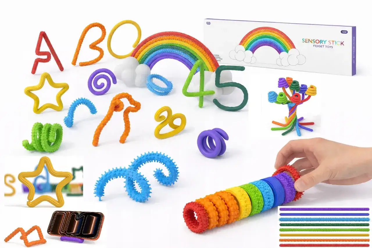 Kolorowe pomoce sensoryczne: litery, liczby, tęcza, gwiazdki i zabawki do ściskania.