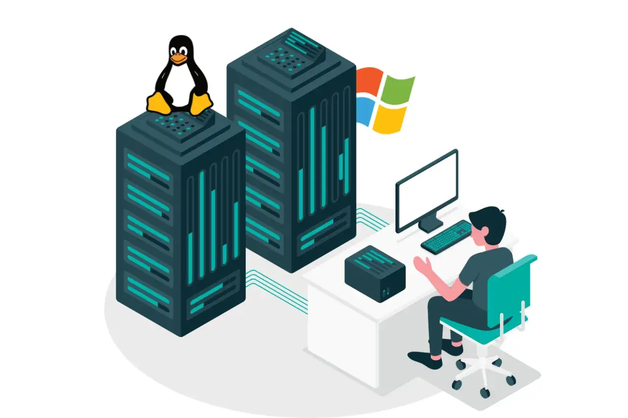 Osoba przy biurku zarządza serwerami, na jednym z nich siedzi pingwin Linux, obok powiewa flaga Windows. To obrazuje świat chmury, gdzie Azure Linux współistnieje z innymi technologiami.