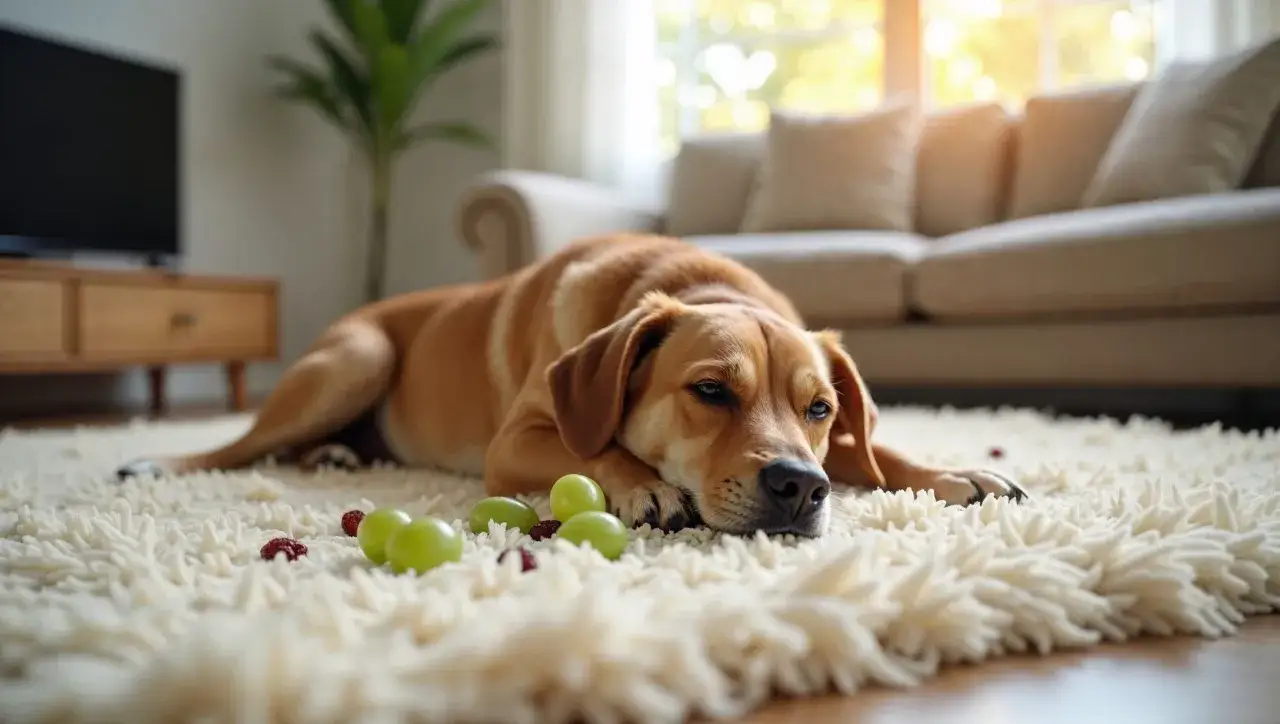 Smutny pies leży na dywanie obok winogron, zastanawiając się, czy pies może jeść winogrona.