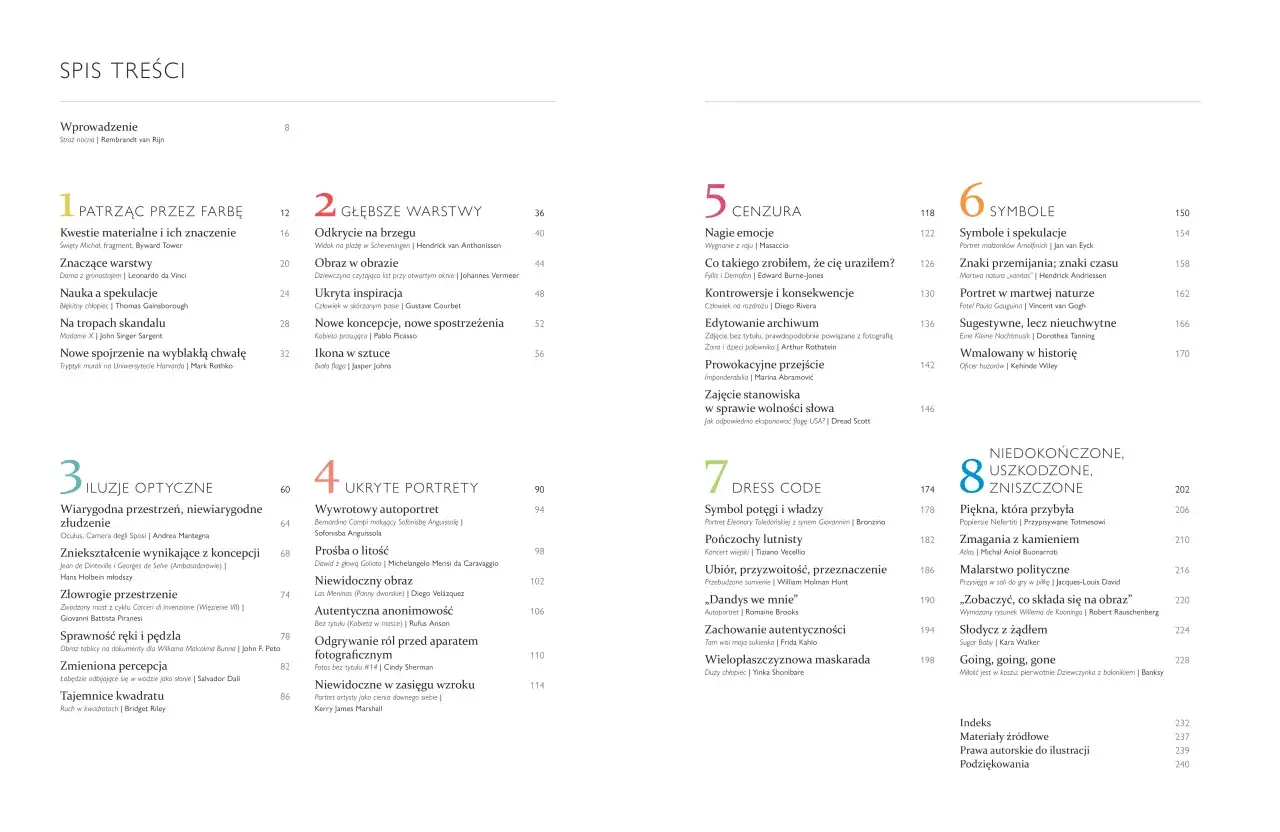 Spis treści: "Patrząc przez farbę", "Głębsze warstwy", "Iluzje optyczne", "Ukryte portrety", "Cenzura", "Symbole", "Dress code", "Niedokończone, uszkodzone, zniszczone" - to tylko niektóre z tematów w sztuce.