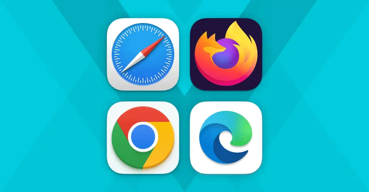 Ikony przeglądarek Safari, Firefox, Chrome i Edge na niebieskim tle.