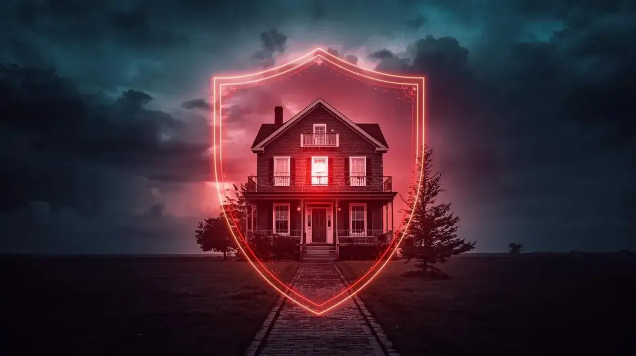 Dom pod neonową tarczą symbolizującą ubezpieczenie mieszkania od ognia i innych zdarzeń losowych. Mroczne, burzowe niebo.