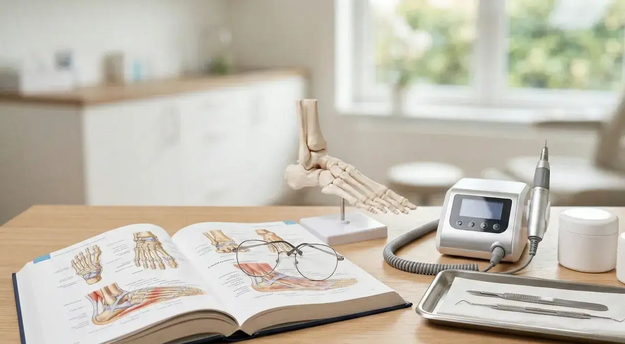 Anatomia stopy, podręcznik i frezarka – wszystko, co potrzebne, by dowiedzieć się, jak zostać podologiem.