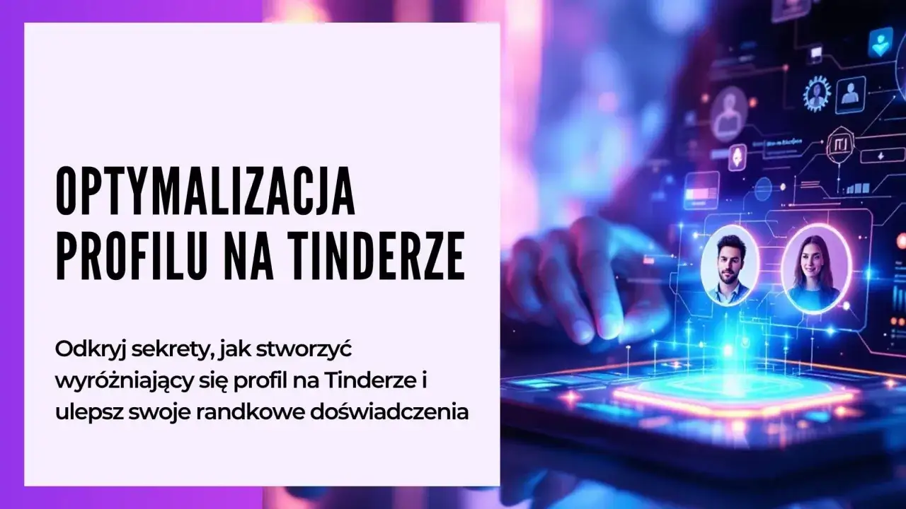 Ilustracja przedstawia cyfrowy interfejs z profilami użytkowników Tindera, sugerując optymalizację profilu.