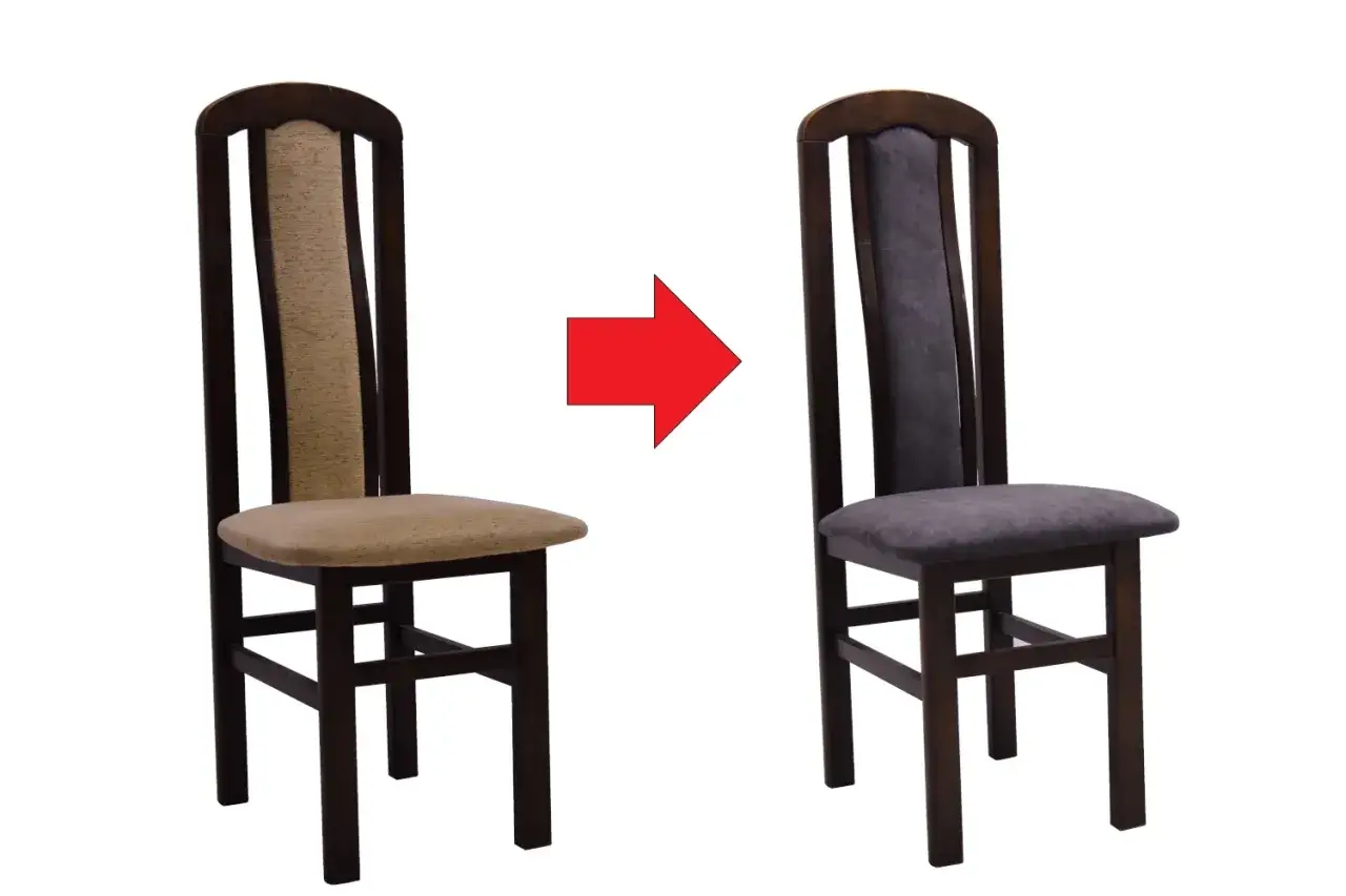 Przed i po renowacji krzeseł: jasne obicie zamienione na ciemnoszare, nadając meblom nowy, elegancki wygląd.