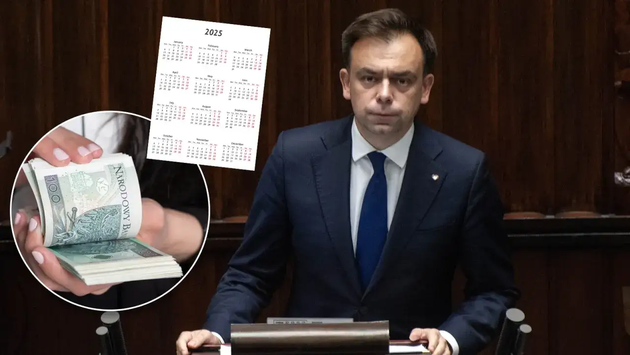 Mężczyzna w garniturze, stos banknotów i kalendarz 2025.