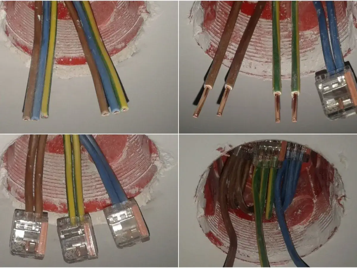 Pokazano, jak łączyć przewody w puszce pod oświetlenie, używając szybkozłączek do połączeń elektrycznych.
