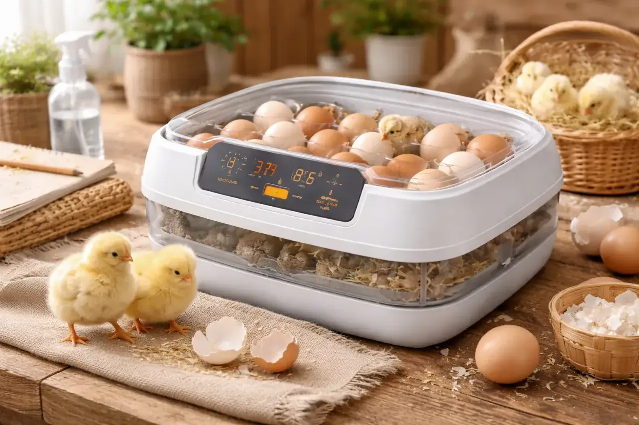 W inkubatorze leżą jajka, a obok wyklute pisklęta. Dowiedz się, jak układać jajka w inkubatorze, by zapewnić im najlepsze warunki do rozwoju.