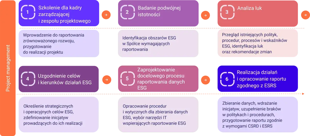Schemat przedstawia 6 kroków zarządzania projektem ESG: od szkoleń i analizy luk po raportowanie zgodne z ESRS. Dowiedz się, esg co to jest i jak je wdrożyć.