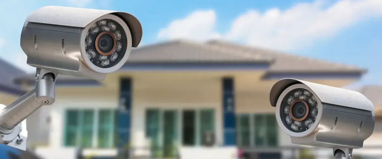 Dwie kamery monitoringu wizyjnego przed domem, zapewniające domowy monitoring.