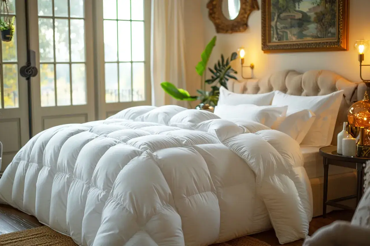 Puszysta kołdra, jakby z kaszmiru, otula łóżko w eleganckiej sypialni.