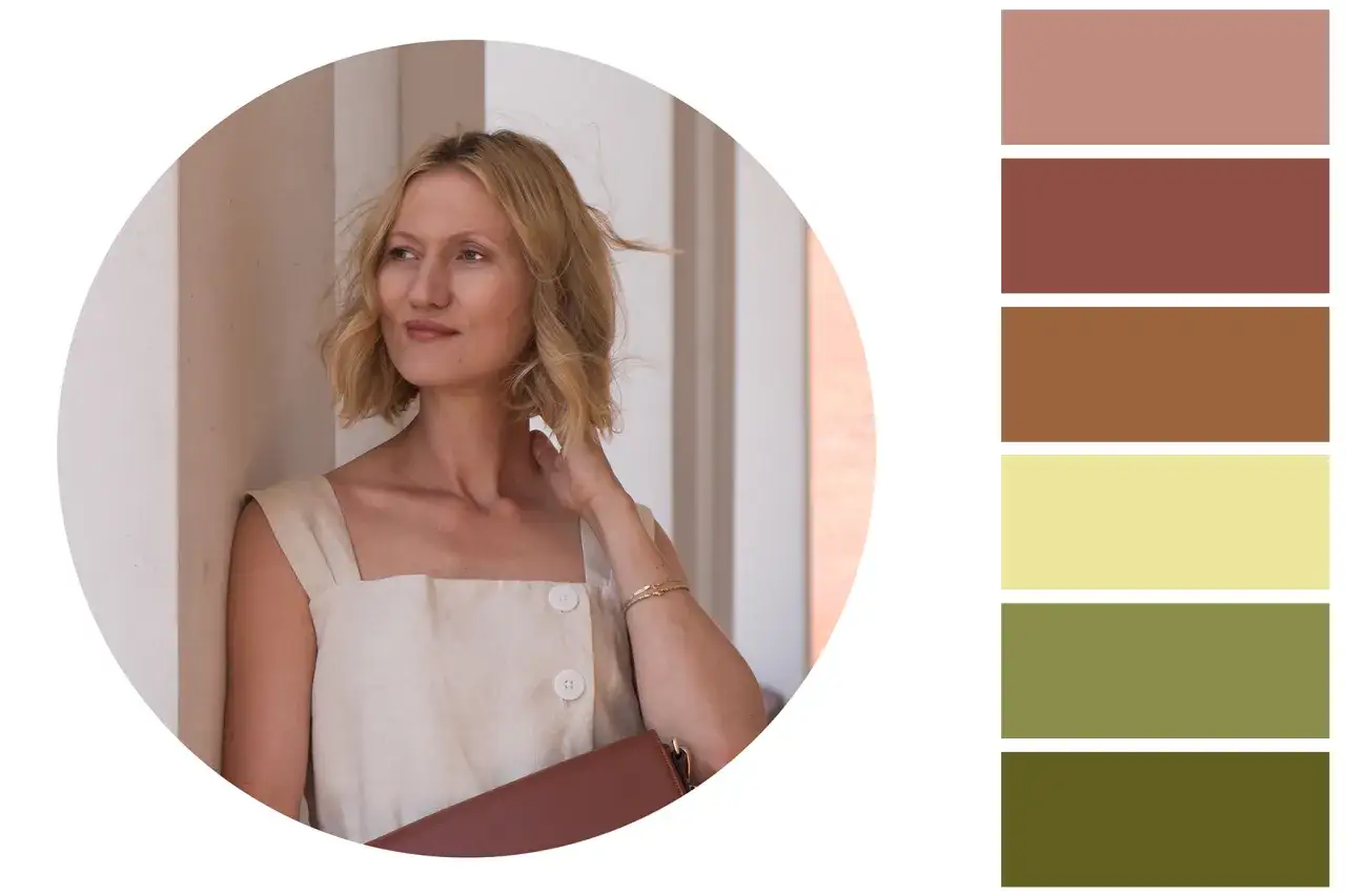 Kobieta w lnianej sukience w odcieniach **kolor beżowy a kremowy**. Obok paleta barw inspirowana naturą.