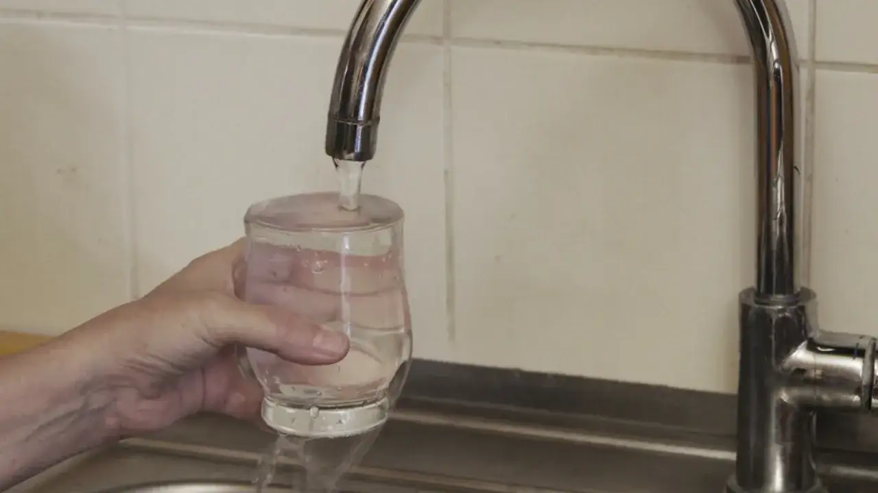 Ręka trzyma szklankę pod strumieniem wody z kranu.