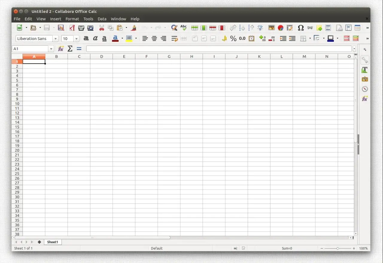 Pusta tabela w programie LibreOffice Calc, gotowa do wprowadzania danych.