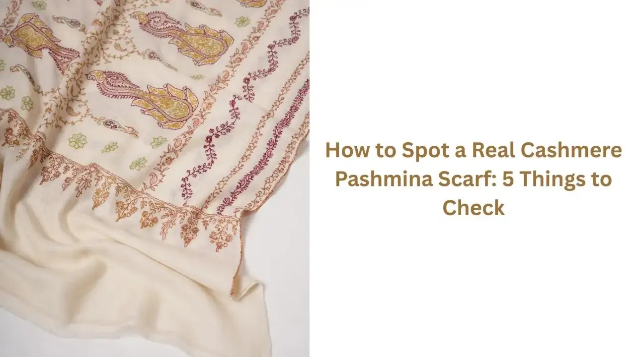 Jak rozpoznać kaszmir? Kremowy szal z haftem paisley i kwiatowym. Poradnik "How to Spot a Real Cashmere Pashmina Scarf".