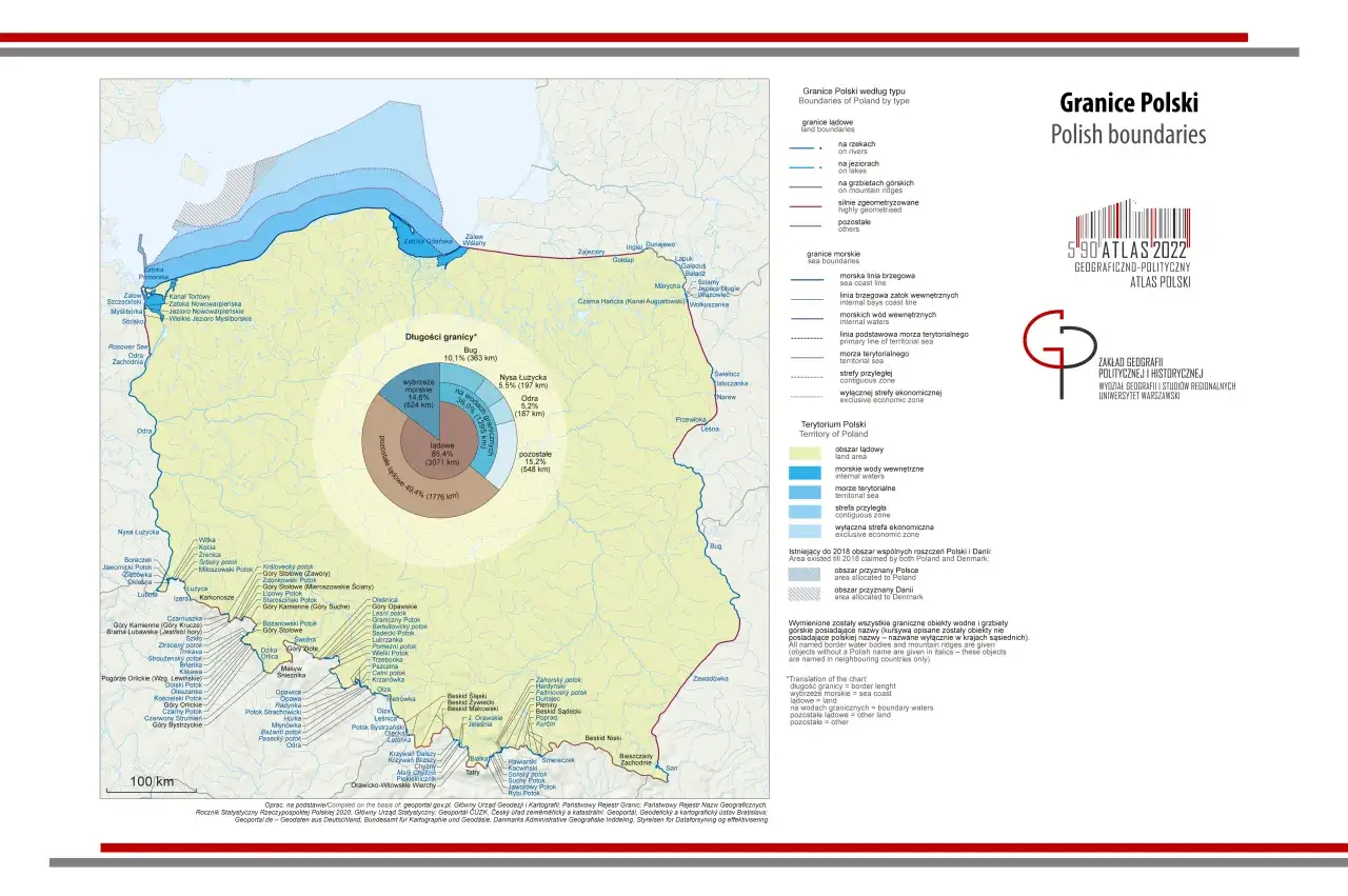 Mapa Polski z zaznaczonymi granicami. Wybrzeże Bałtyku ma 524 km.