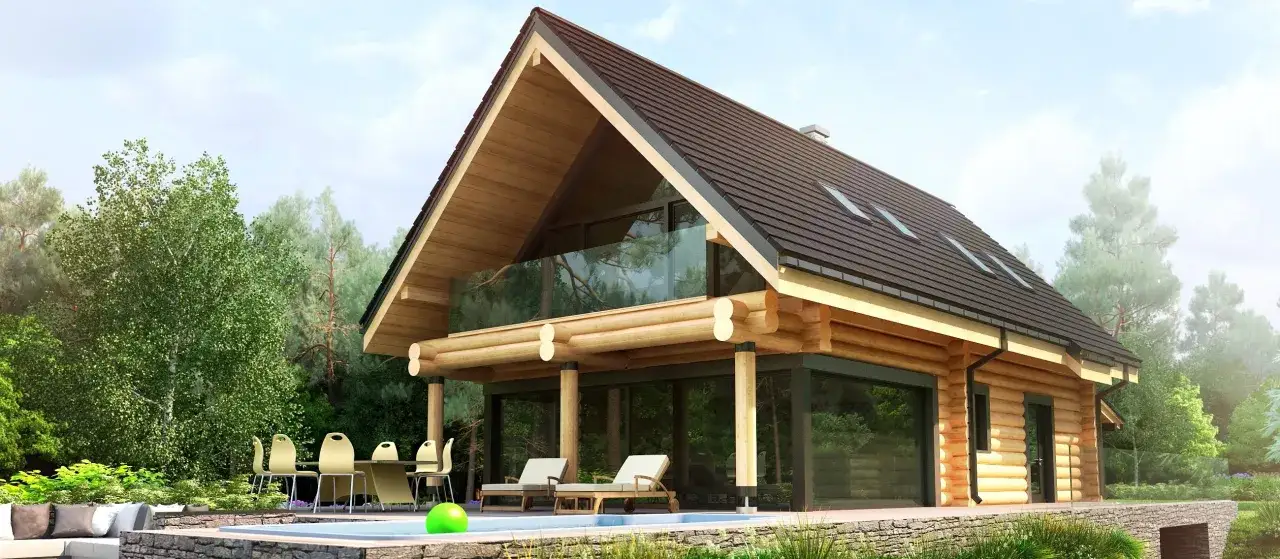 Nowoczesne domy z drewna i szkła w otoczeniu zieleni. Basen, leżaki i stół z krzesłami tworzą strefę relaksu.