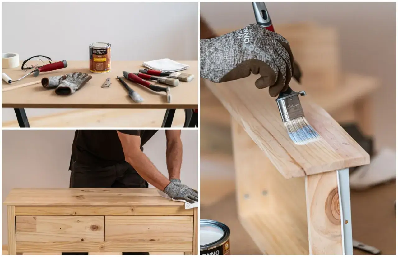 Prace nad renowacją drewna: malowanie pędzlem, czyszczenie mebla i akcesoria.