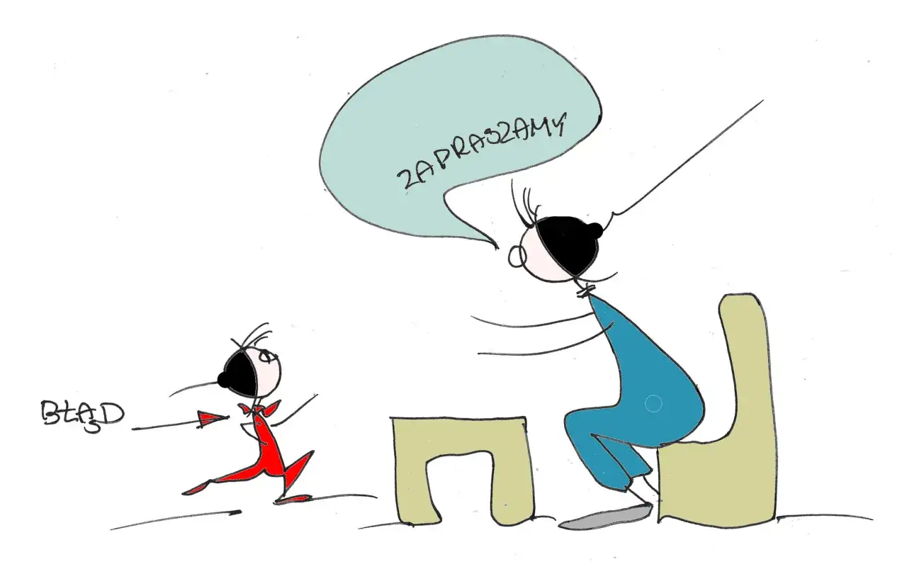 Rysunek: osoba w czerwonym stroju biegnie w stronę osoby siedzącej przy stole, która mówi "Zapraszamy".