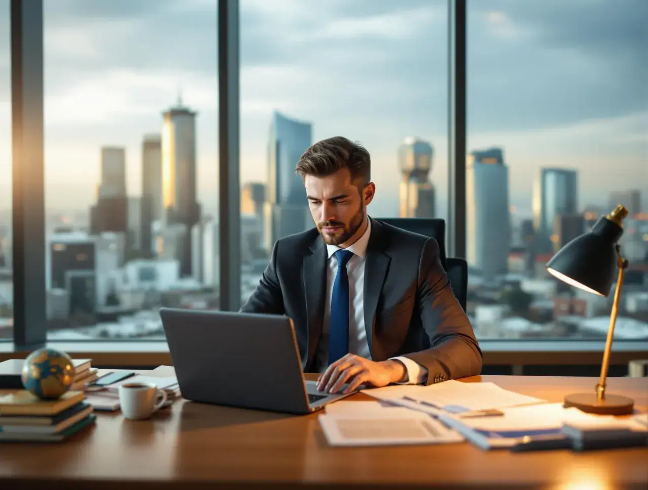 Młody prawnik korporacyjny pracuje przy laptopie w nowoczesnym biurze z widokiem na miasto. Zastanawia się, ile zarabia prawnik korporacyjny.