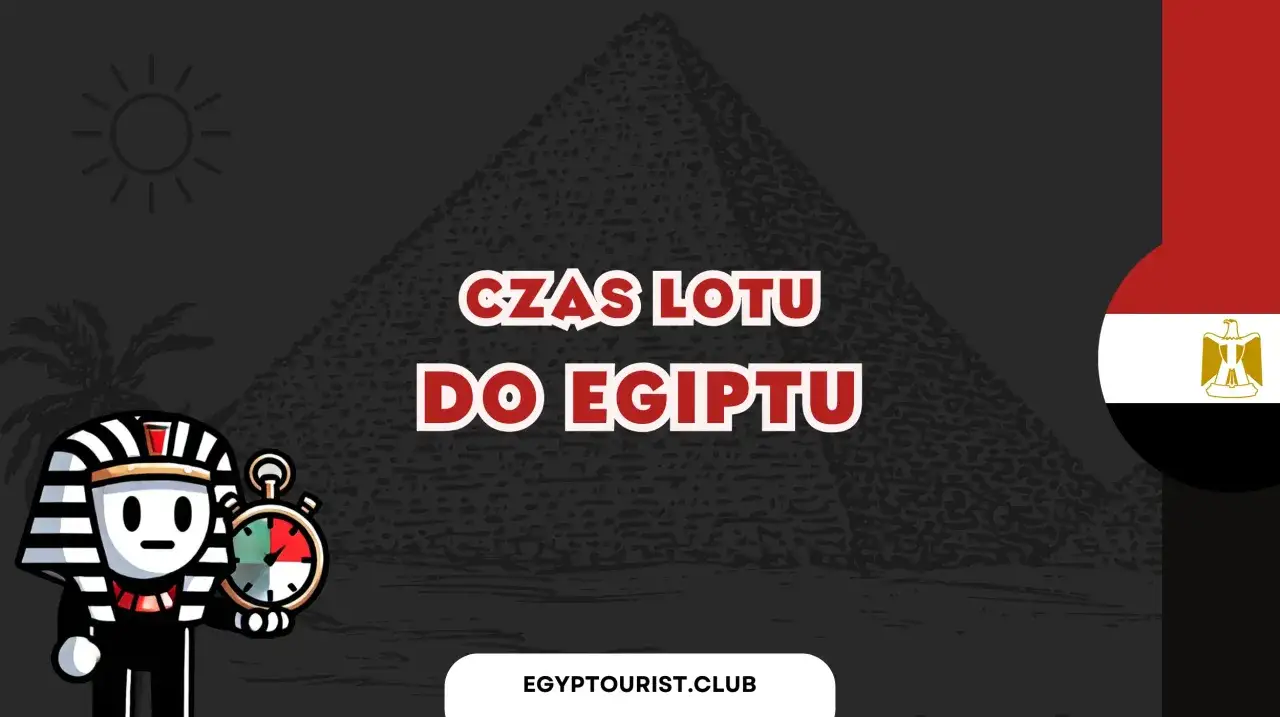 Faraon z zegarem odmierza, ile trwa lot do Egiptu. W tle piramida i flaga Egiptu.