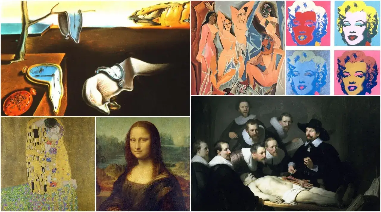 Kolaż przedstawia różne style w malarstwie: surrealizm Dalego, kubizm Picassa, pop-art Warhola, secesję Klimta, renesans Leonarda da Vinci i barok Rembrandta.
